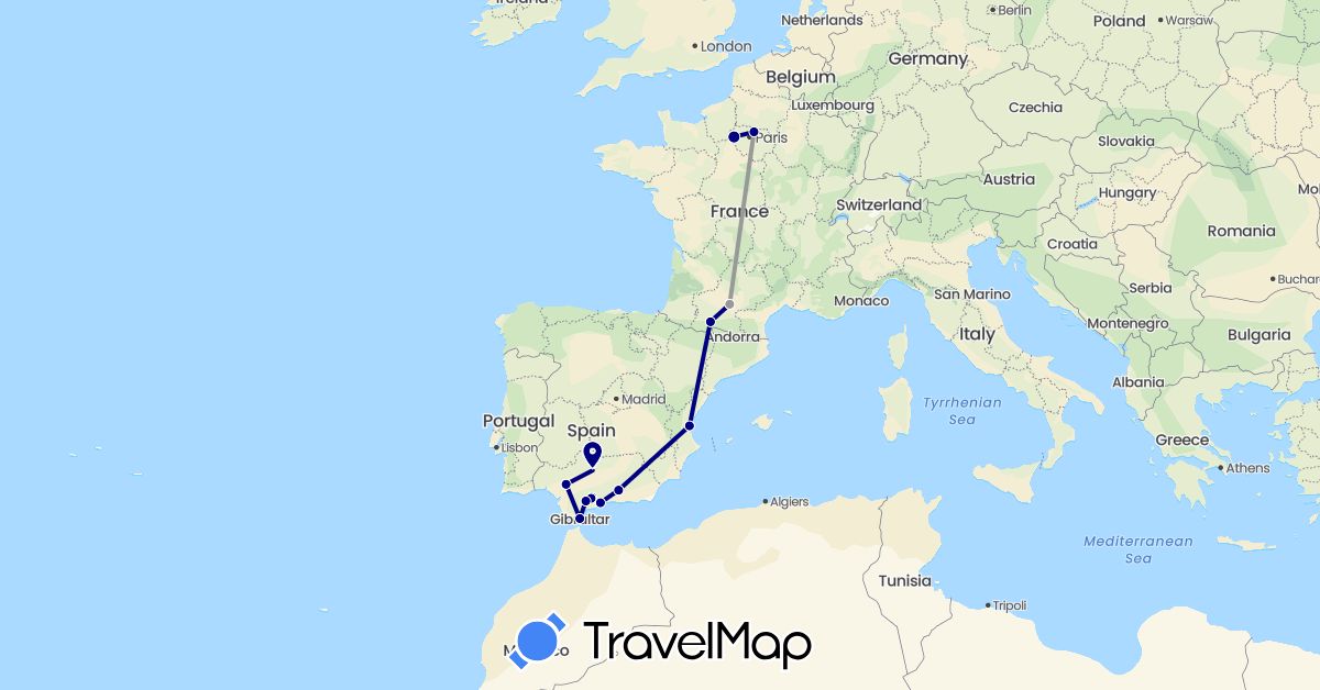 TravelMap itinerary: driving, plane in Spain, France, Gibraltar (Europe)